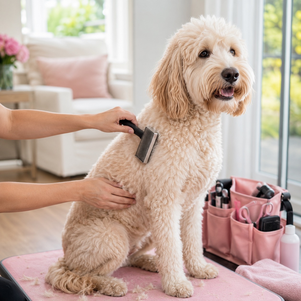 Danielle brushing loose undercoat from a cream doodle with a slicker brush, her mobile grooming kit beside her